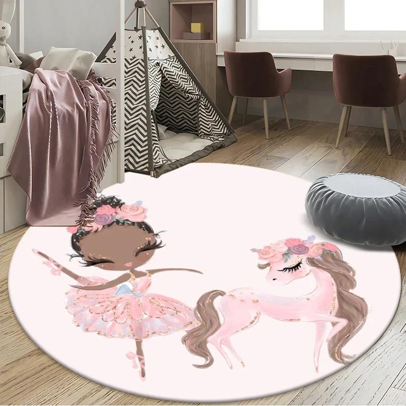 

Ballet Dancer Girl Round Carpet Cute Cartoon Animal Fairy Print Area Rug For Bedroom Living Room Decor Non-Slip Play Floor Mat 80x80cm