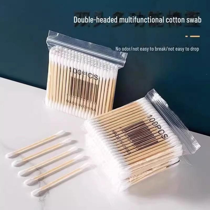 100 Pcs Double-Headed Pointed Round Wooden Cotton Swabs for Ear Cleaning & Cosmetics