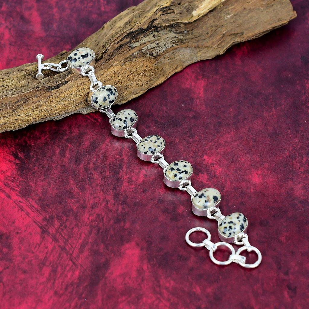 Bransoletka z jaspisu Dalamntion 925 Sterling Silver, Ręcznie robiona biżuteria z kamieniami szlachetnymi, Prezenty dla żony, Zupełnie nowa bransoletka