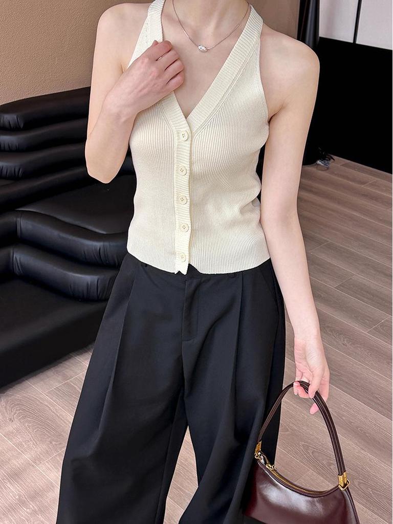 Juzhi Spring Korean V-Neck Sleeveless Cardigan
