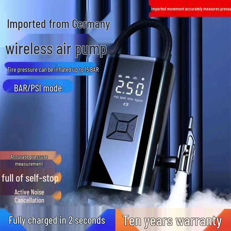 German High-Power Portable Lithium Battery Wireless Car Air Pump 12V Standard Power Black Classic