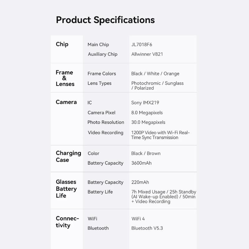Nuovi Occhiali Intelligenti AI con Fotocamera Anti-shake a 6 Assi da 8MP, Riprese Video 1200P, Lenti Fotocromatiche, Power Bank da 220mAh con Display, Traduzione AI, Riproduzione Musicale