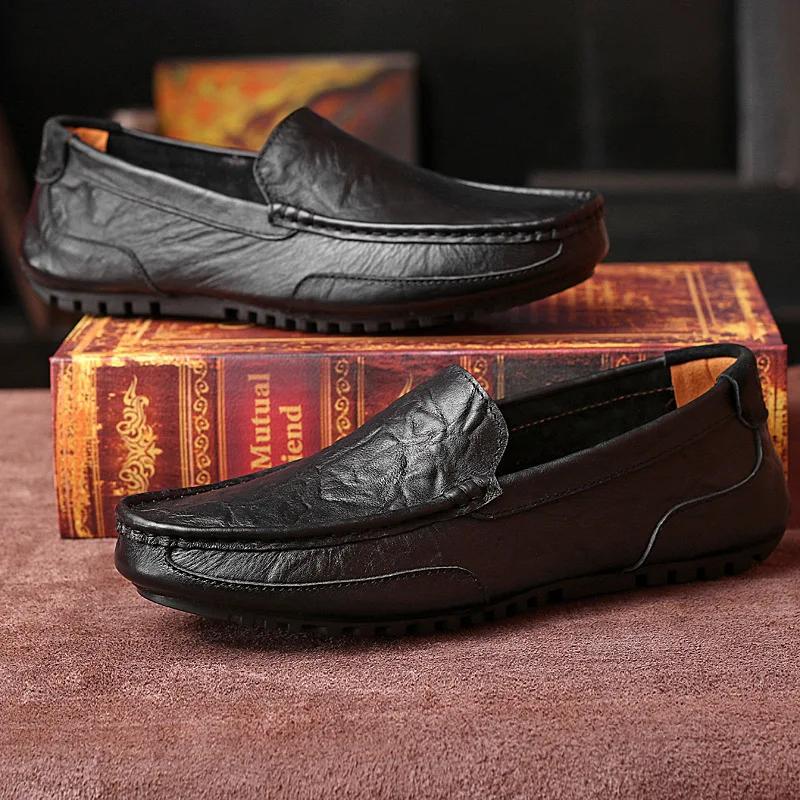 Fashion Genuine Leather Shoes Men Loafers Flat Casual Driving Shoes Brand Male Footwear Black Yellow Blue Soft