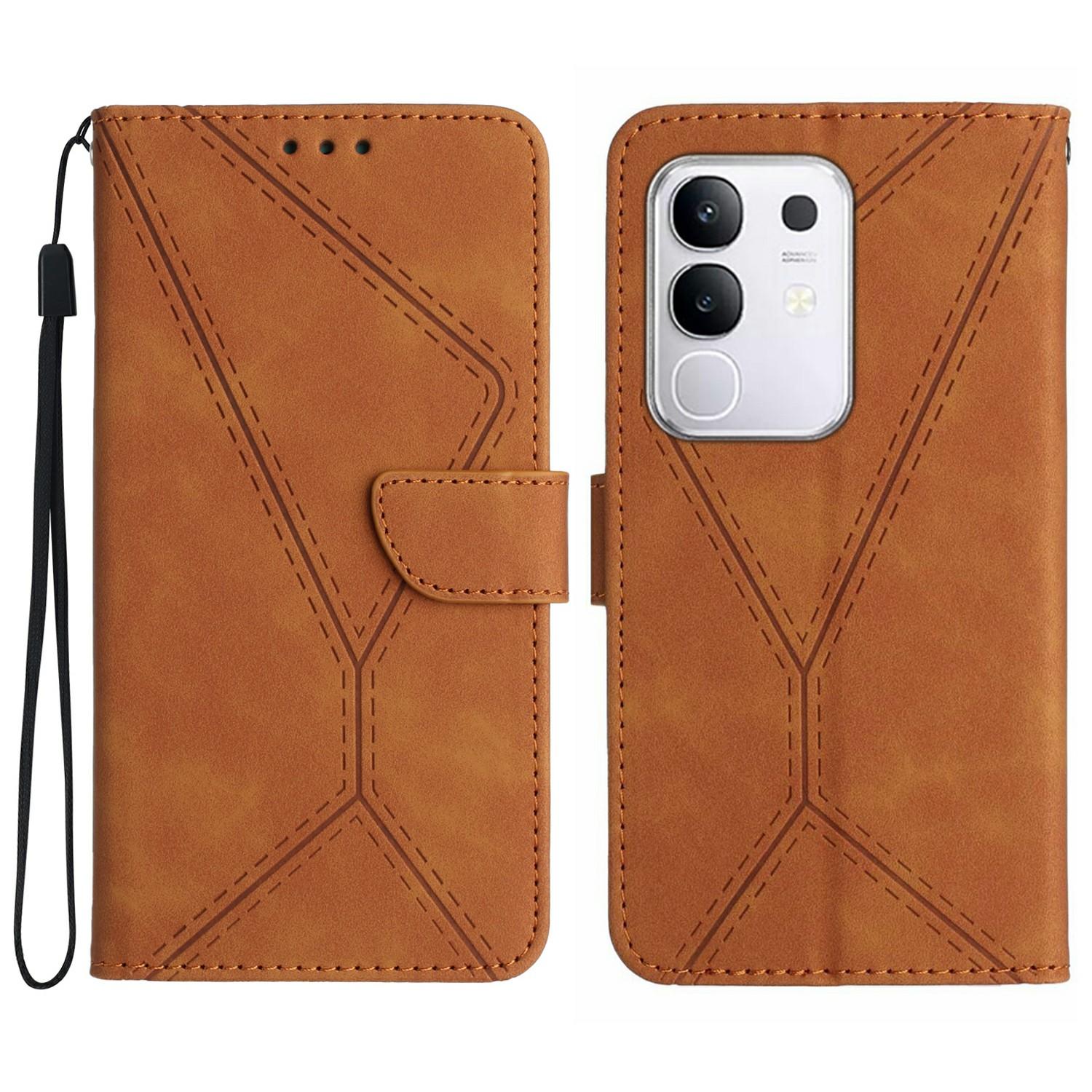 

For vivo Y29 4G Case Skin Touch Lines Imprinted PU Leather Flip Phone Cover Brown