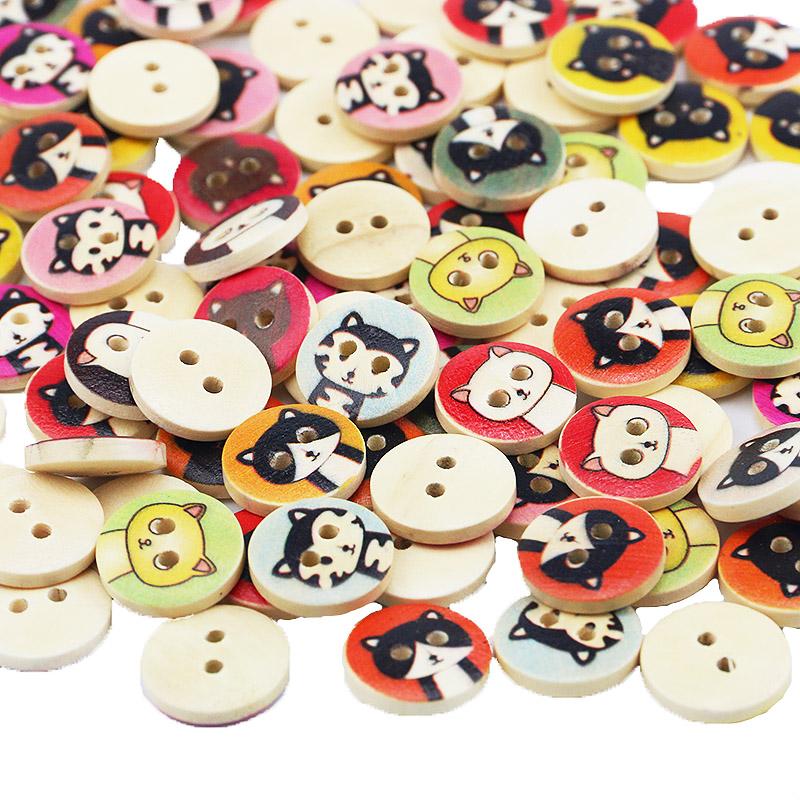 (100pcs/pack)15mm Wooden Cat Pattern Button Printing Cartoon Clothing Sewing Accessories Handmade Decoration Cat Clothes Toy