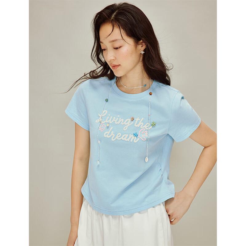 INMAN Heavy Embroidery Shell Beaded Gathered Short Sleeve T-Shirt