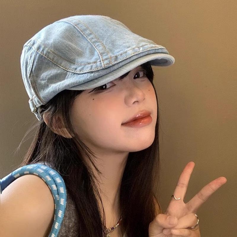 Spring And Summer Washed Denim Forward Hat Japanese Retro Face Small Beret Reverse Wearing Big Head Circumference Painter Hat