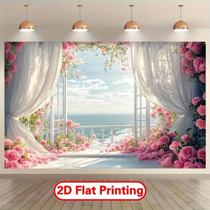 2D Flat 1pc Spring Rose Castle Window Scene Polyester Background - Indoor and Outdoor Party and Festival Decoration