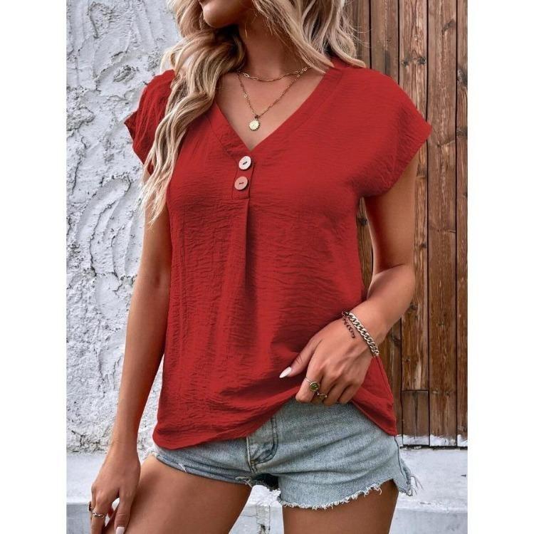 Spring Summer Women Blouse Short Sleeve Solid Color Twist Button Fashion Top