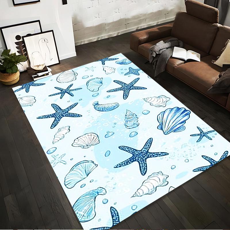 Blue Starfish and Seashell Pattern Rug Non-slip rug suitable for living room and bedroom sofas