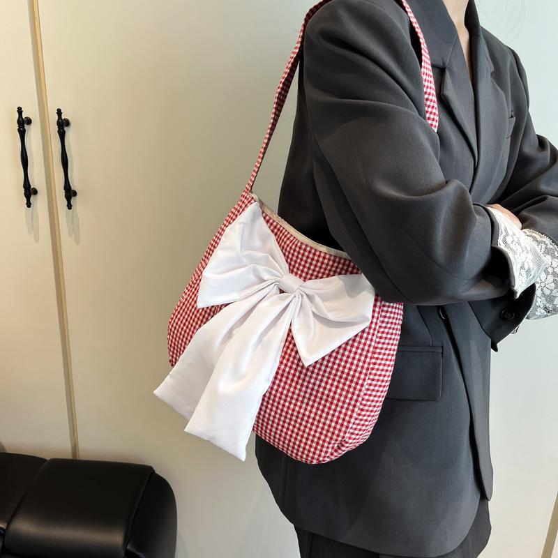 Neue dreidimensionale Schleife Karomuster Umhängetasche Damen Freizeit Große Kapazität Canvas Pendlertasche