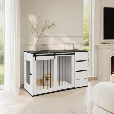 Caisse pour chien 2-en-1, Bois-Métal, comme table d'appoint, pour chiens de petite à moyenne taille, 140 x 60 x 87 cm, Blanc, Plateau avec film effet marbre noir