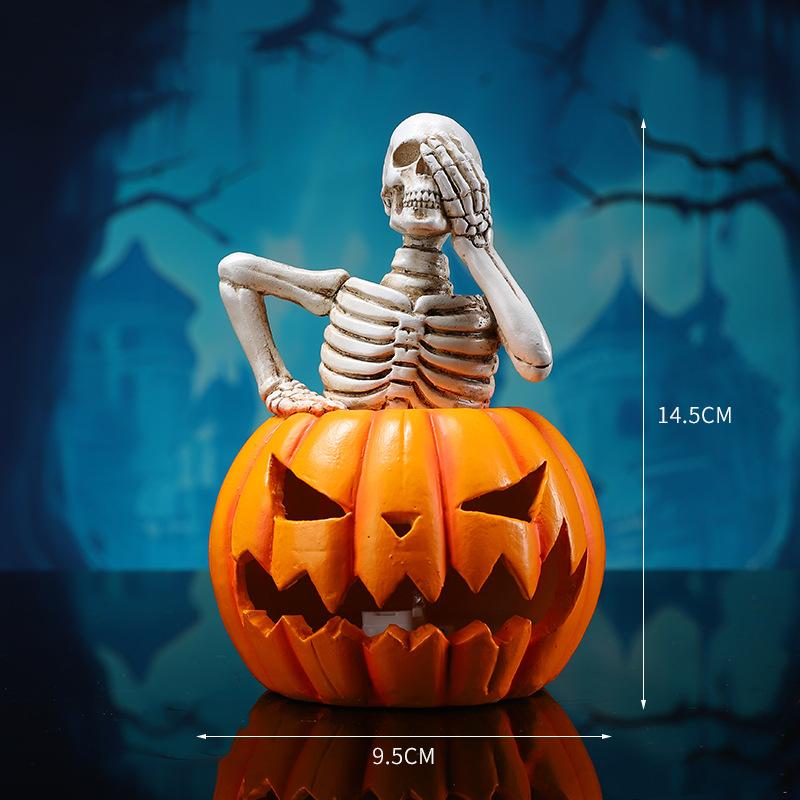 Halloween Pumpkin Skeleton Figurine Spooky Ghost Festival Skull with LED Lights Resin Crafts Sculpture Home Office Desktop
