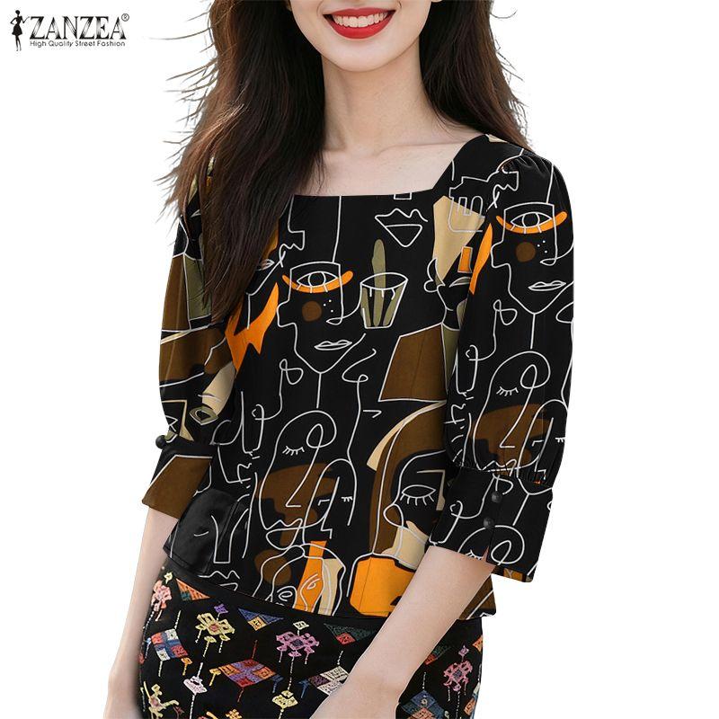 ZANZEA Women Square Collar Casual 3/4 Sleeve Loose Print Blouse