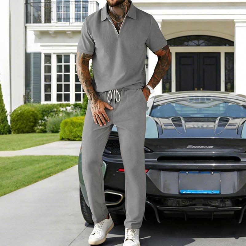 Men's Summer White Textured Half Zip Polo Drawstring Trousers Set