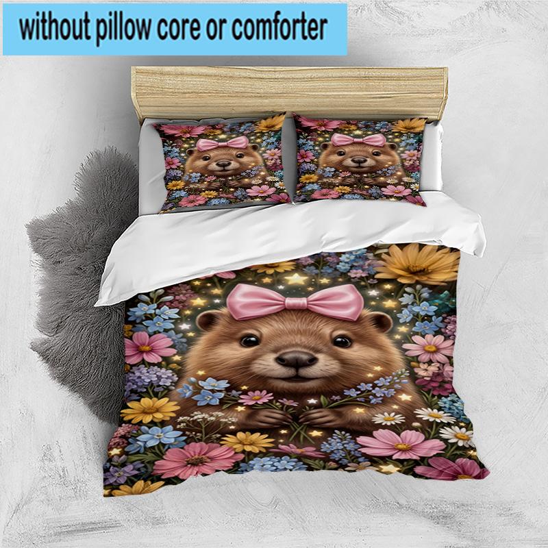 Starry Groundhog Illustration 3pcs Bedding,Including 1pc Duvet Cover And 2pcs Pillowcases Perfect for Christmas,Ideal for Bedroom, Dormitory