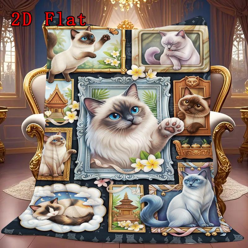 Cat Portraits 2D Flat Pattern Flannel Blanket, High quality All Seasons, Home Decor, Warmth and Comfort, Perfect for Christmas Gifts.