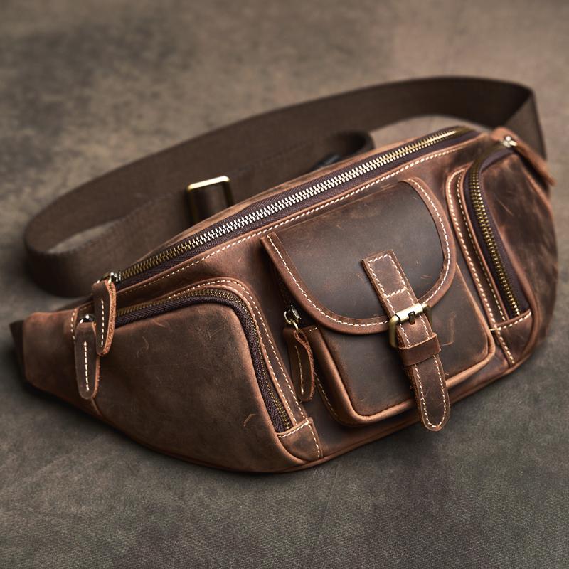 

Men Crazy Horse Leather Casual Fashion Chest Sling Bag 8 Tablet Design Triangle One Shoulder Cross-Body Bag Male