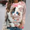 Flowers Cat  Long Sleeves Women Colorful Animal 3D Clothing  Tops O-Neck Cotton Clothes T-Shirt