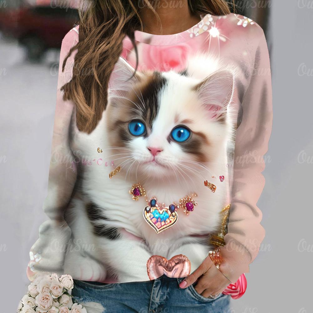 Flowers Cat  Long Sleeves Women Colorful Animal 3D Clothing  Tops O-Neck Cotton Clothes T-Shirt