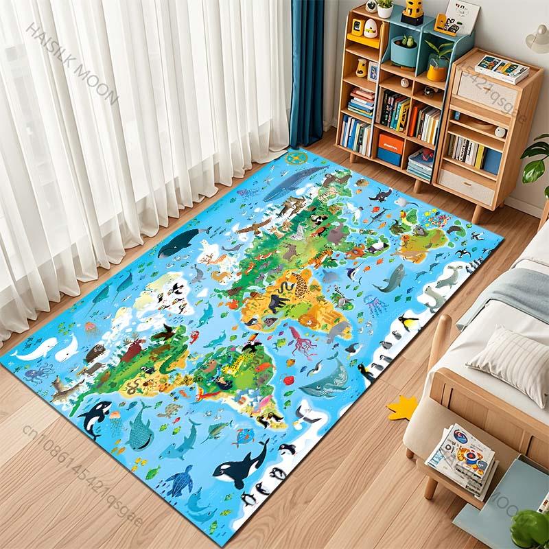 New Product Cartoon Animal World Map Carpet for Living Room Bedroom Sofa Creative Doormat Home Decor Area Rug Large Size