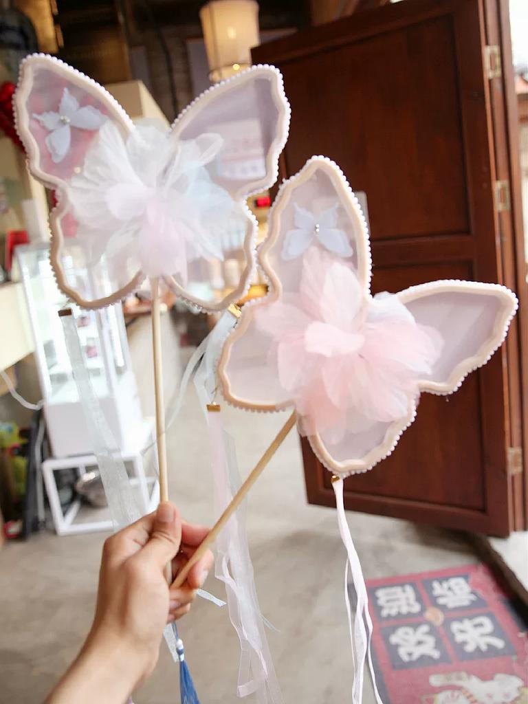 Butterfly Three-Dimensional Flower Mesh Circular Fan Retro Style Long Brush Holder Tassel Photography Dance Temple Fan Female