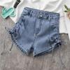 High-Waist Elastische Jeans-Shorts: Damen 2022 Sommer Schlank geschnitten A-Linie Kordelzug Weites Bein Design