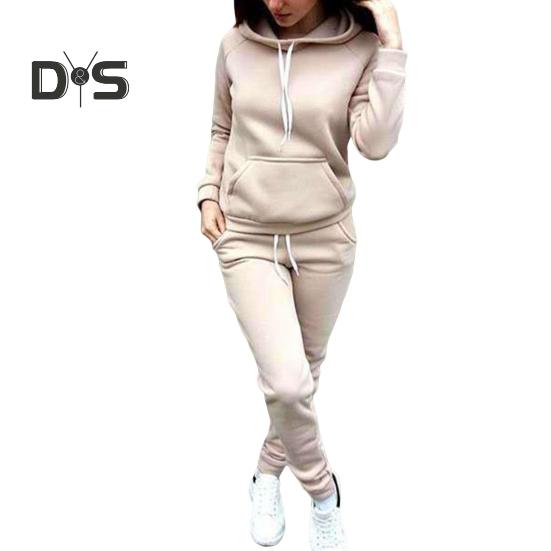 2 Pcs/Set Women Hoodie Pants Suit Solid Color Plush Long Sleeves Thick Top Elastic Waist Ankle-banded Trousers Sport Fitness Outfit Fall Winter