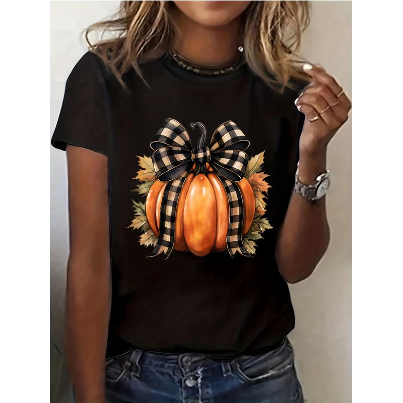 Funny Pumpkin With Bow Tie Print Short Sleeve T Shirt All Seasons Crew Neck Tee Tops Unisex Casual Gothic Y2k Streetwear Clothes