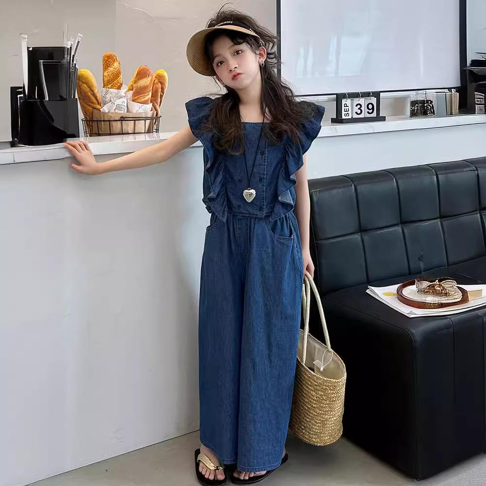 Toddler Girl Summer Solid Color Imitation Children's Suit Blue Ruffled Sleeveless Vest Pants Set