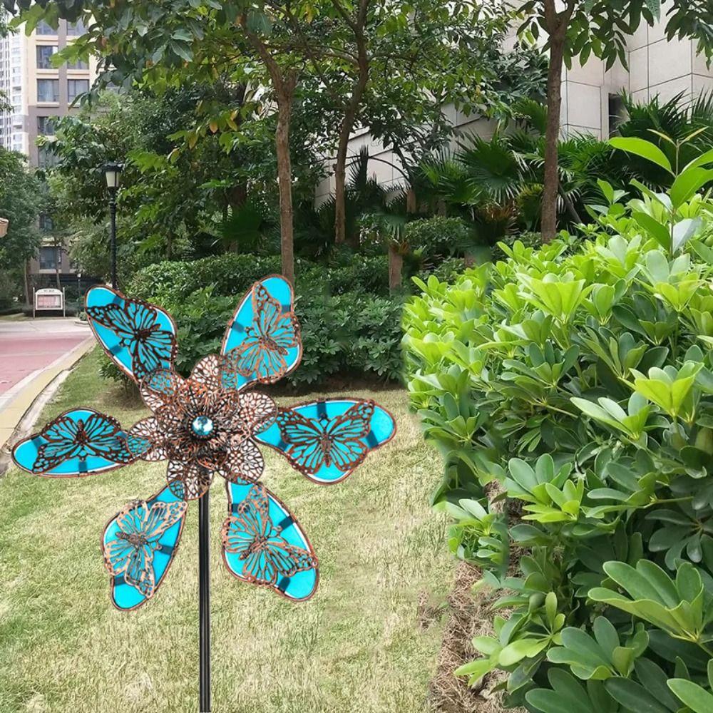 Luminous Effect Windmill Spinner Sculpture Metal Flower Pinwheel Wind Rotator  Lawn
