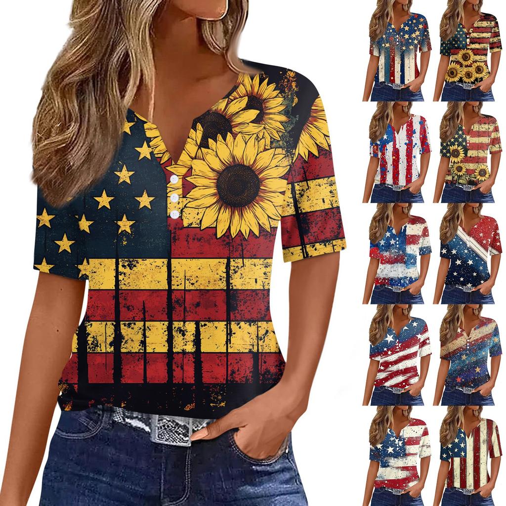 Women's T Shirt Tee Independence Day Printed Button Short Sleeve Tunic Daily Weekend Fashion Basic V- Neck Regular Top