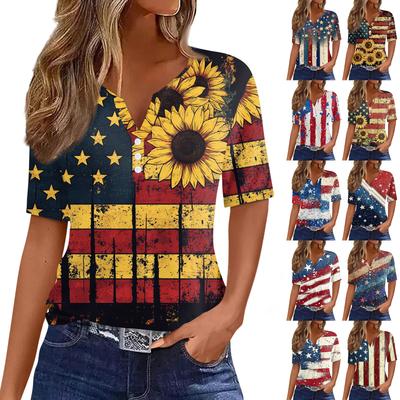 Dámské Tričko s Krátkým Rukávem s Potiskem ke Dni Nezávislosti, Knoflíky, Tunika, Každodenní, Víkendová Móda, Základní, Výstřih do V, Běžný Top