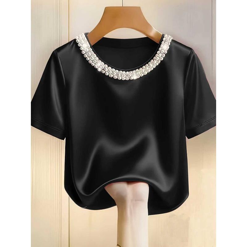 IHUASU Women's Fashion Casual Solid Color Print Short Sleeve O-Neck Blouses & Shirts International Design