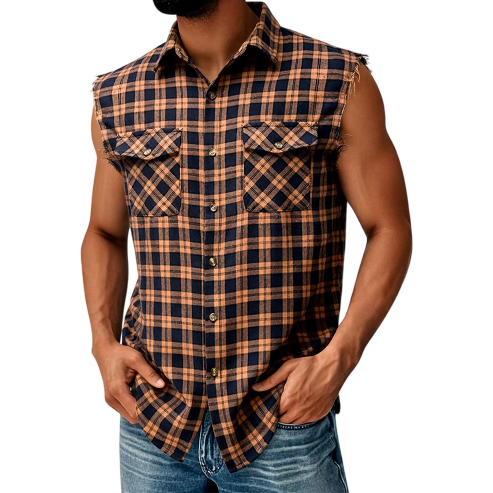 

Men s Plaid Shirt With Collar And Pockets Casual And Comfortable Sleeveless Jacket. XL кавовий