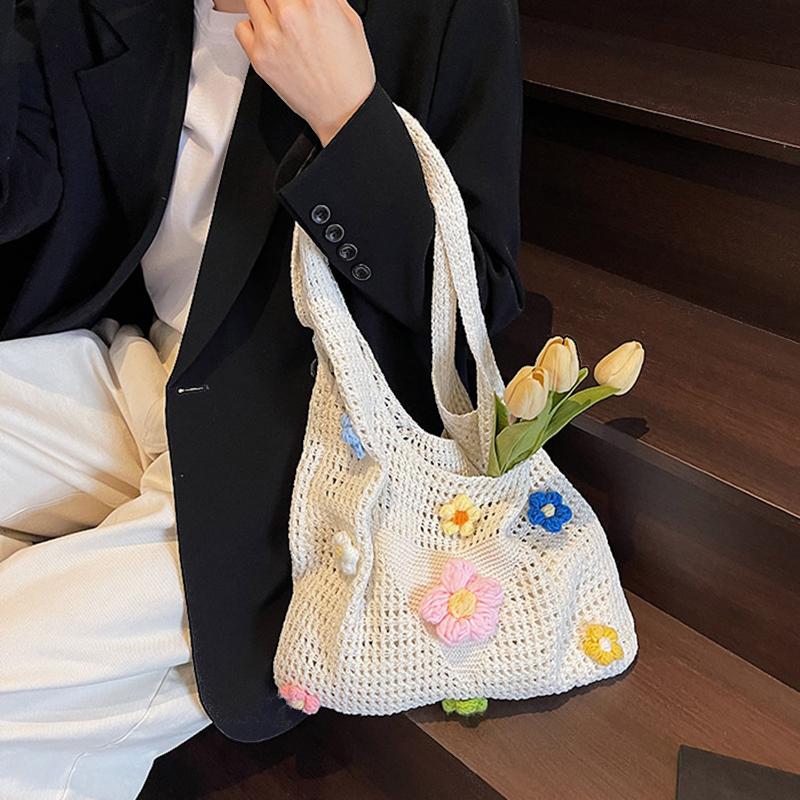 Crochet Mesh Beach Toted Bag,Bohemian Vacation Handbags Aesthetic Knit Shoulder Bag for Women Travel Bag KTB