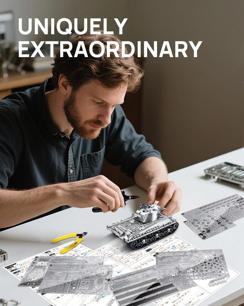 Piececool M4 Sherman Medium Tank 3D Puzzle Assembly No Glue Needed Difficulty 4 Stars Suitable for Adults Collectible (Metal) - Required, - Level