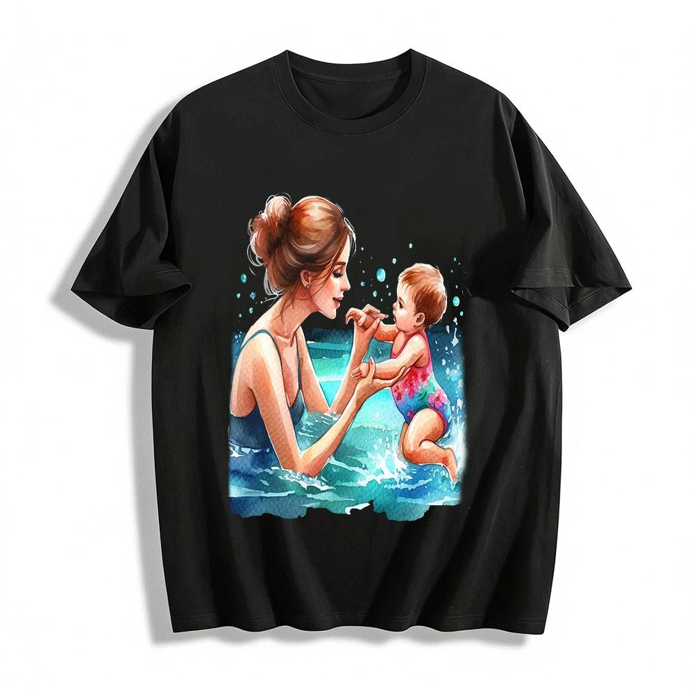 Warm Parent-child Swimming Interaction Print Casual T-shirt For Family Pure cotton T-shirt XXS