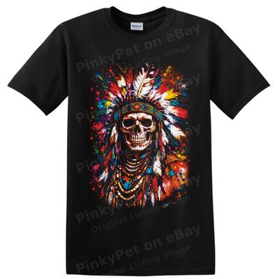 Kabile Kafatası Tüy Başlığı Tişört Renk Sıçraması Gotik Sanat Tişört Unisex Hediye