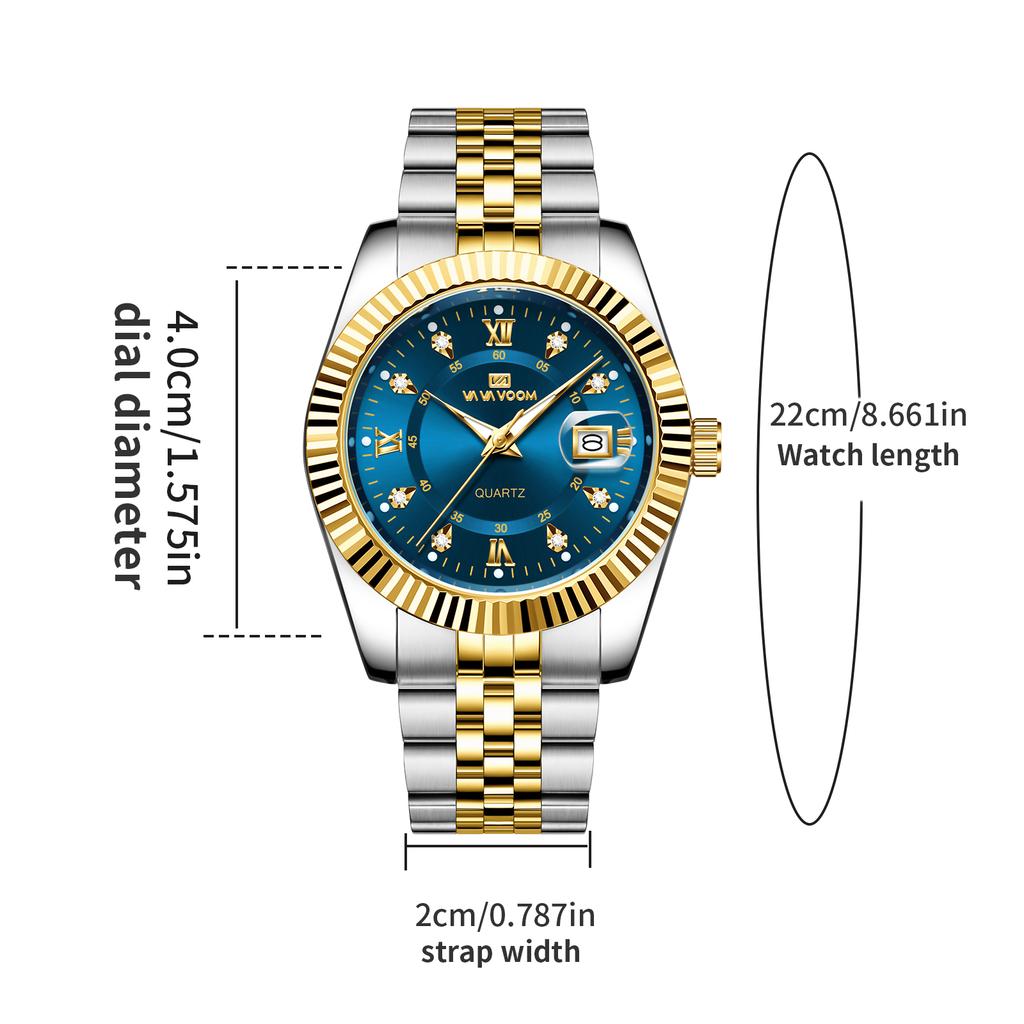 Fashion Luxury Male Wristwatch Two‑Tone Gold Case Rhinestone Dial Stainless Steel Original Quartz Movement Men's Business Watch