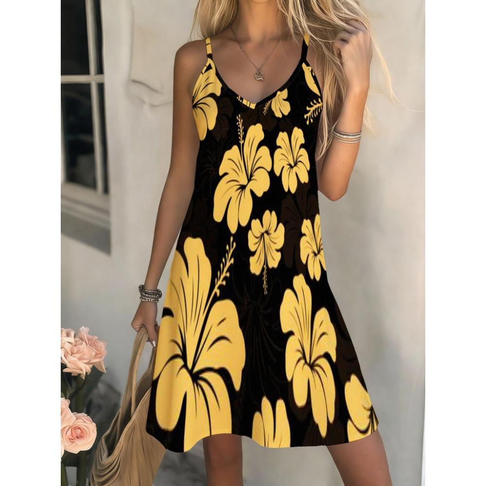 Damen Casual Boho-Stil, Sommer Tiefes V-Ausschnitt Spaghettiträger Midi-Kleid