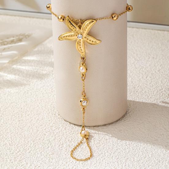Starfish Charm Hand Chain Bracelet for Women, Adjustable Faux Pearl Finger Ring Bracelet, Non Tarnish Golden-Plated Chain Bracelet Jewelry
