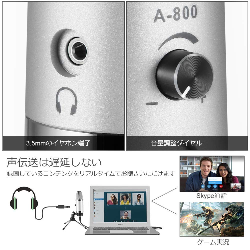 Alvoxcon A800 USB Condenser Microphone for PC and Live Commentary, Unidirectional, with Earphone Jack, Adjustable Volume, Skype, Streaming,