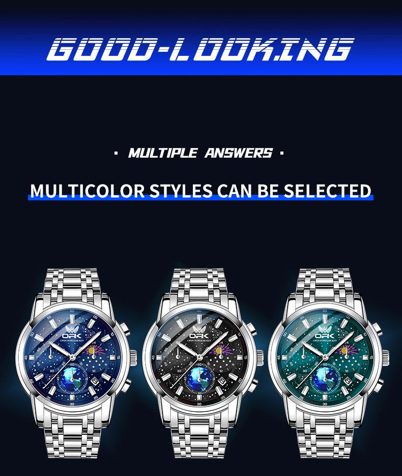 OPK 8142 Chronograph Mens Watch Waterproof Luminous Moon Phase Auto Date Original Luxury Quartz Man Wristwatch