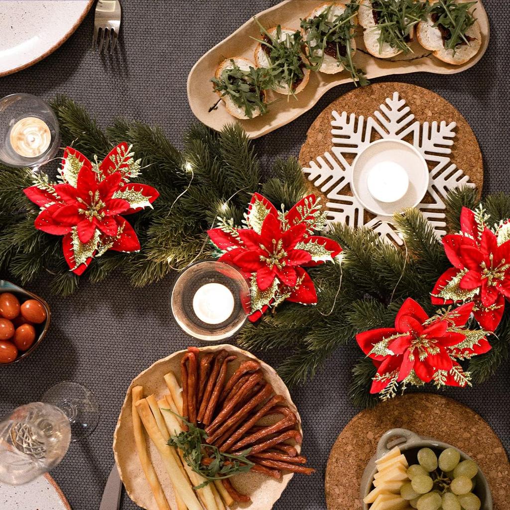 Flori Artificiale de Crăciun Aurii Roșii cu Sclipici Poinsettia cu Clipsuri Ornamente Pom de Crăciun DIY Coroană Nuntă Decorațiuni Anul Nou