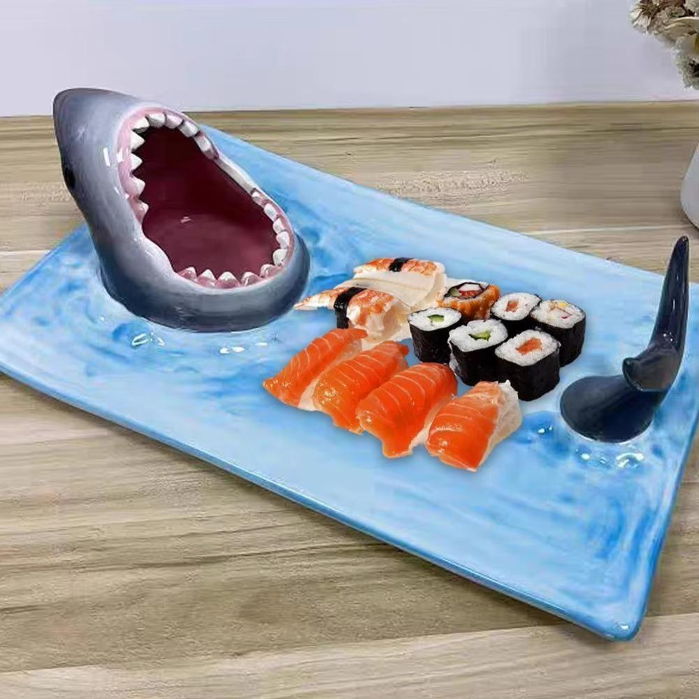 Japanese Style Sushi Serving Plate Independent Sauce Area Dumpling Plate Shark Ceramic Plate  Meal