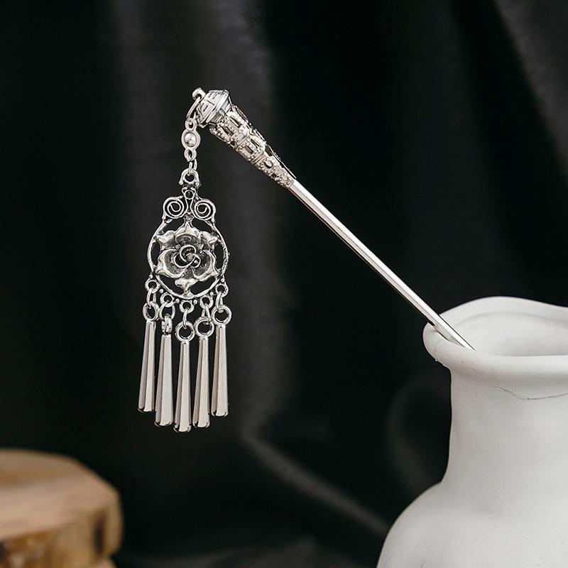 New Chinese Style Guochao Hairpin, Ethnic Minority Style Hanfu, Court Step Swing, Hollow Flower Fringed Long Hairpin