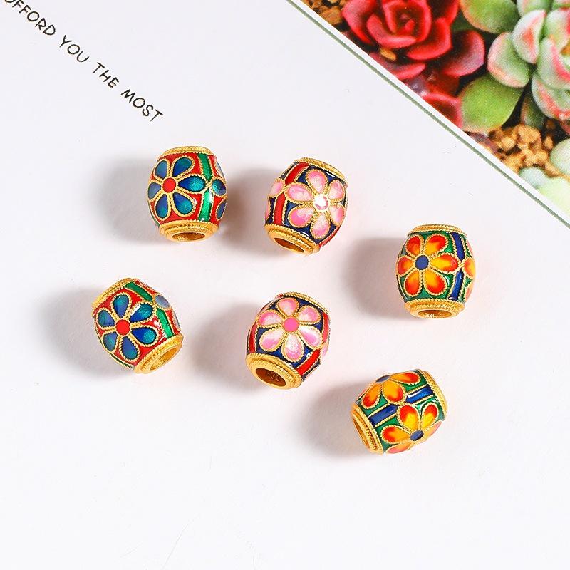 Vietnam Sand Gold Sakura Lotus Bead Bracelet: Brass Gold Plated, Enamel Baked Paint, DIY Hand Rope.