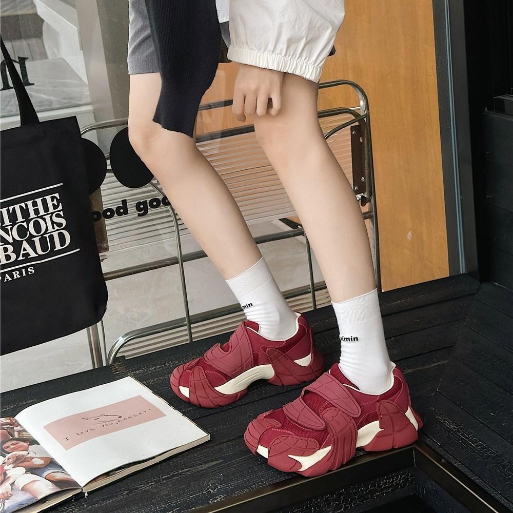 Leather casual sports big head mountaineering height increase small ins tide shoes mesh Velcro platform dad shoes women