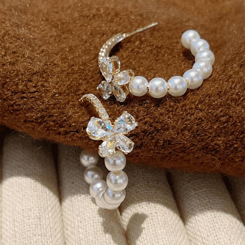 Koreanischer Stil 925 Silber Schmetterling & Quaste Ohrringe mit Zirkonia, Strass und Perlen Akzenten für Herbst/Winter.